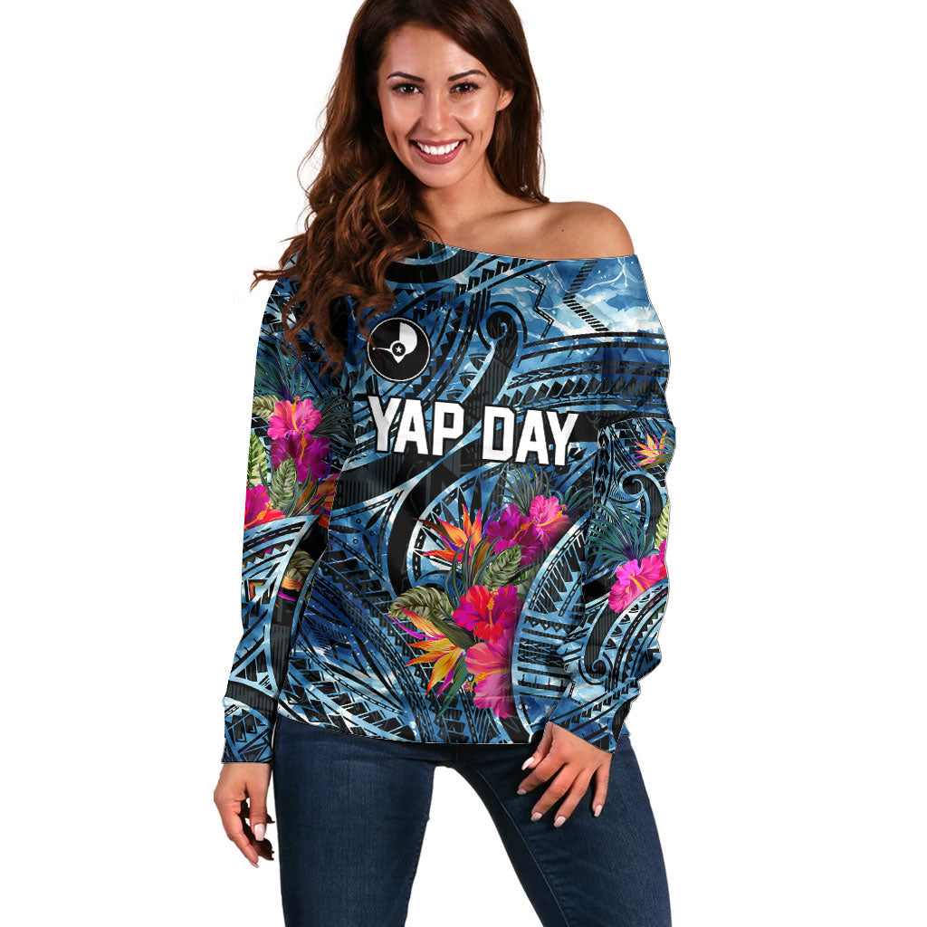 Yap Day Island Floral Tribal Heritage Off Shoulder Sweater Micronesian Hibiscus Pattern Polynesian Tattoo Blue Art TS04 Women Black Blue - Polynesian Pride