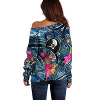 Yap Day Island Floral Tribal Heritage Off Shoulder Sweater Micronesian Hibiscus Pattern Polynesian Tattoo Blue Art TS04 - Polynesian Pride