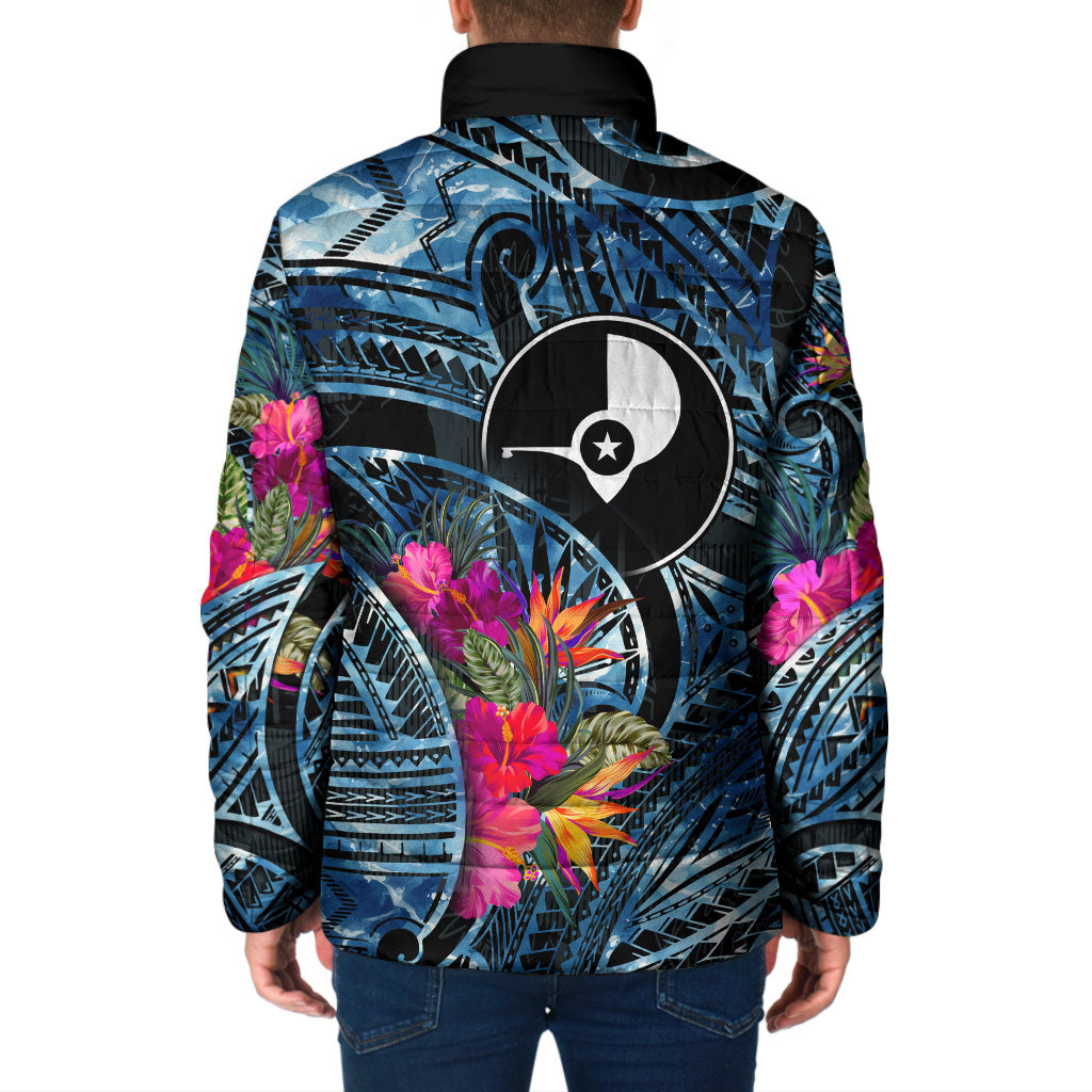 Yap Day Island Floral Tribal Heritage Padded Jacket Micronesian Hibiscus Pattern Polynesian Tattoo Blue Art TS04 - Polynesian Pride