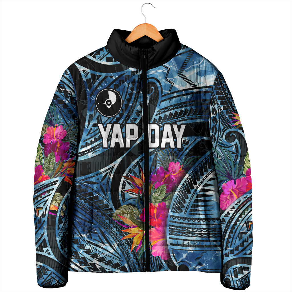 Yap Day Island Floral Tribal Heritage Padded Jacket Micronesian Hibiscus Pattern Polynesian Tattoo Blue Art TS04 - Polynesian Pride