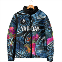 Yap Day Island Floral Tribal Heritage Padded Jacket Micronesian Hibiscus Pattern Polynesian Tattoo Blue Art TS04 - Polynesian Pride