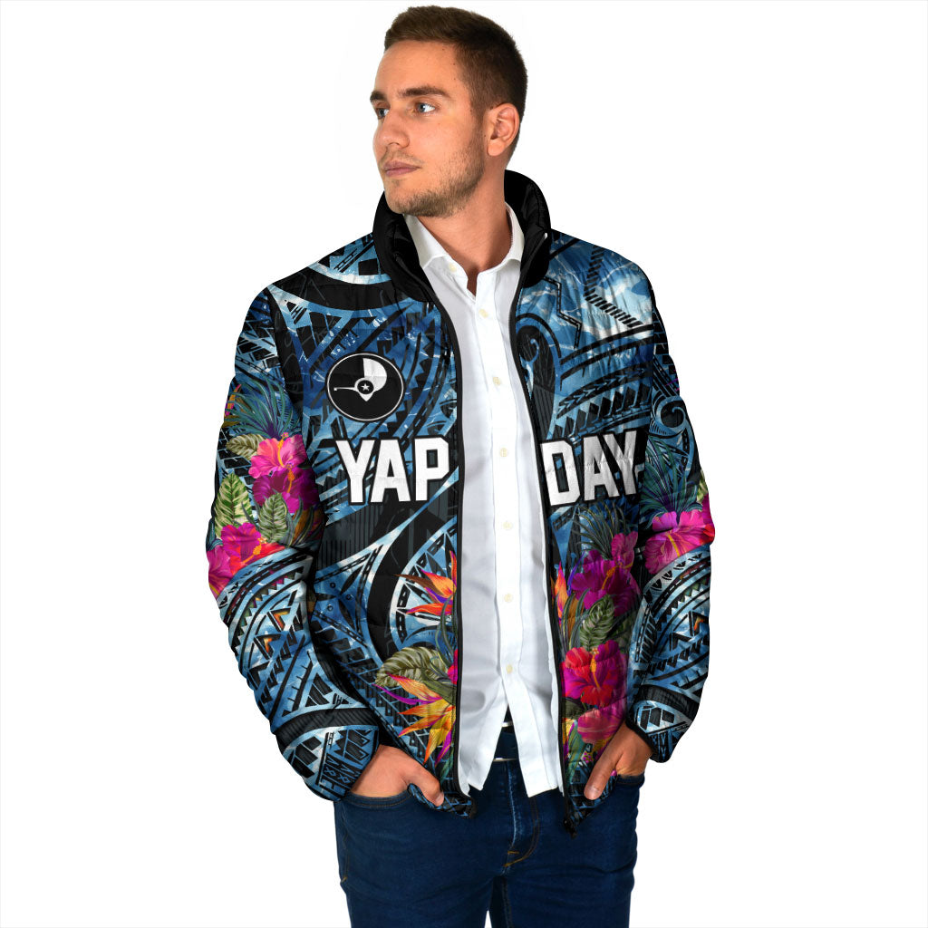 Yap Day Island Floral Tribal Heritage Padded Jacket Micronesian Hibiscus Pattern Polynesian Tattoo Blue Art TS04 - Polynesian Pride
