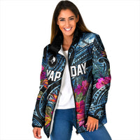 Yap Day Island Floral Tribal Heritage Padded Jacket Micronesian Hibiscus Pattern Polynesian Tattoo Blue Art TS04 Women Black Blue - Polynesian Pride