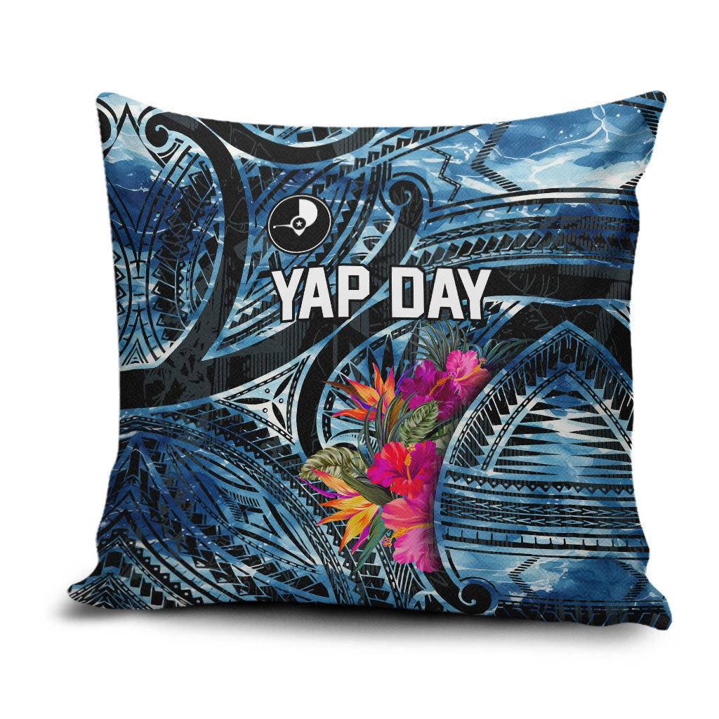 Yap Day Island Floral Tribal Heritage Pillow Cover Micronesian Hibiscus Pattern Polynesian Tattoo Blue Art TS04 Black Blue - Polynesian Pride