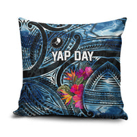 Yap Day Island Floral Tribal Heritage Pillow Cover Micronesian Hibiscus Pattern Polynesian Tattoo Blue Art TS04 Black Blue - Polynesian Pride