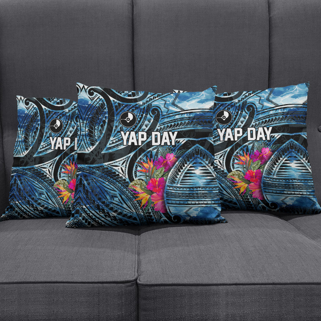 Yap Day Island Floral Tribal Heritage Pillow Cover Micronesian Hibiscus Pattern Polynesian Tattoo Blue Art TS04 - Polynesian Pride