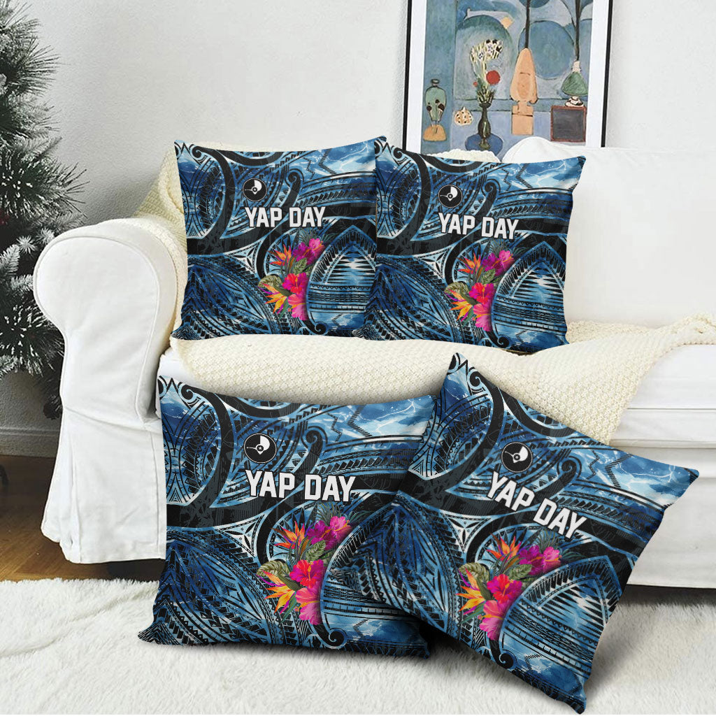 Yap Day Island Floral Tribal Heritage Pillow Cover Micronesian Hibiscus Pattern Polynesian Tattoo Blue Art TS04 - Polynesian Pride