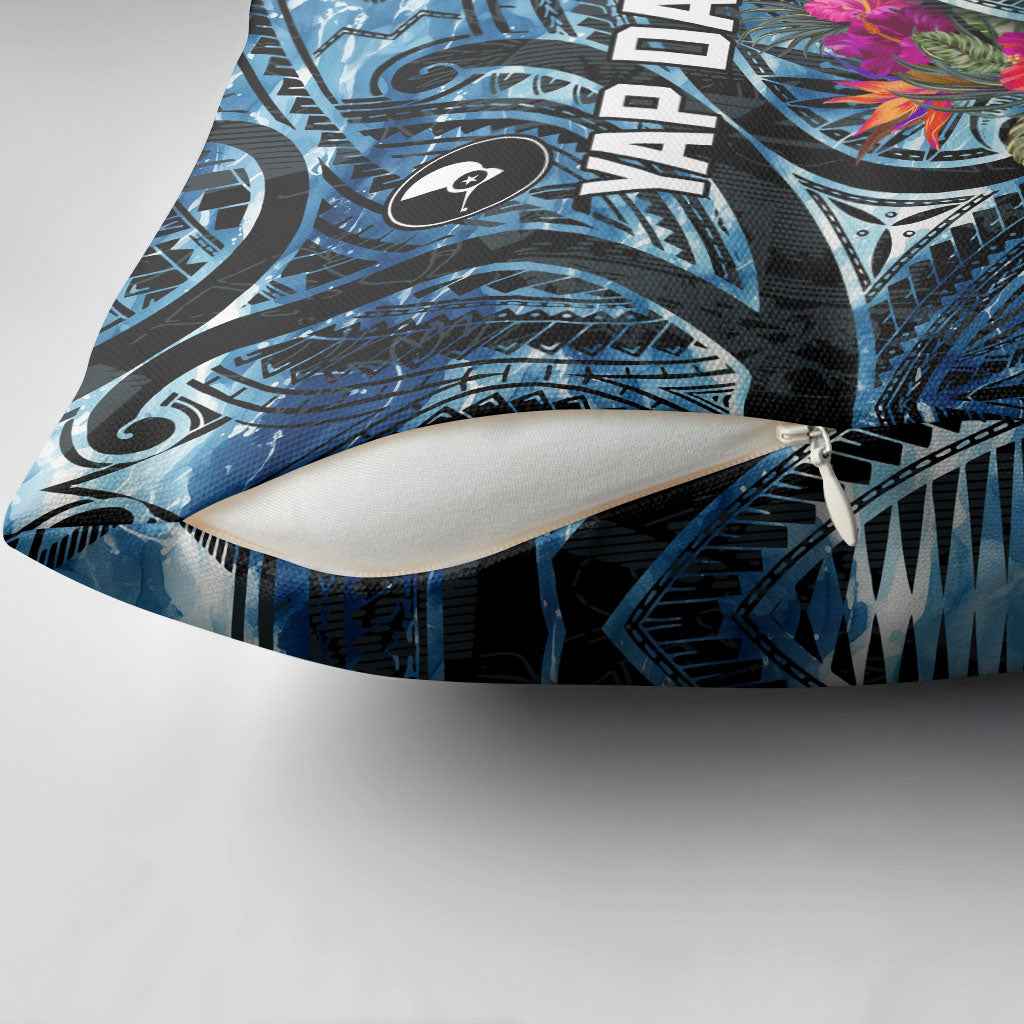 Yap Day Island Floral Tribal Heritage Pillow Cover Micronesian Hibiscus Pattern Polynesian Tattoo Blue Art TS04 - Polynesian Pride