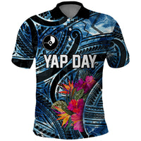 Yap Day Island Floral Tribal Heritage Polo Shirt Micronesian Hibiscus Pattern Polynesian Tattoo Blue Art TS04 Black Blue - Polynesian Pride
