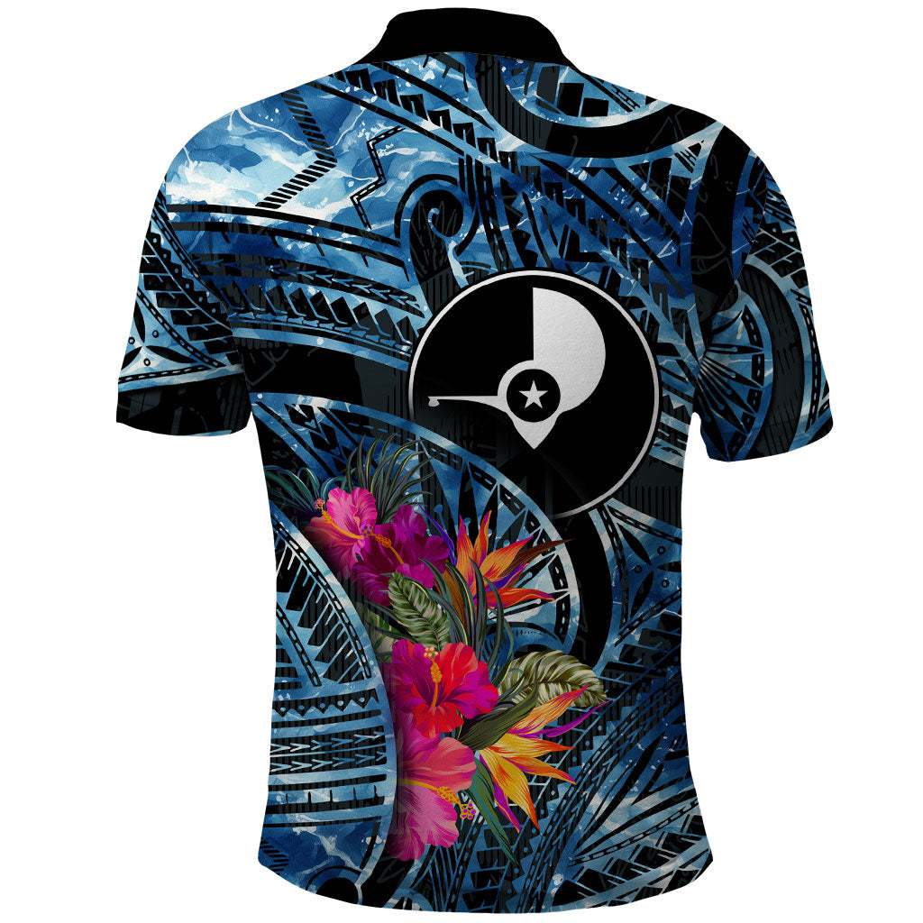 Yap Day Island Floral Tribal Heritage Polo Shirt Micronesian Hibiscus Pattern Polynesian Tattoo Blue Art TS04 - Polynesian Pride