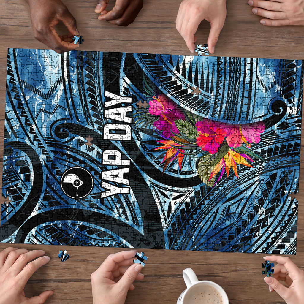 Yap Day Island Floral Tribal Heritage Puzzle Micronesian Hibiscus Pattern Polynesian Tattoo Blue Art TS04 - Polynesian Pride