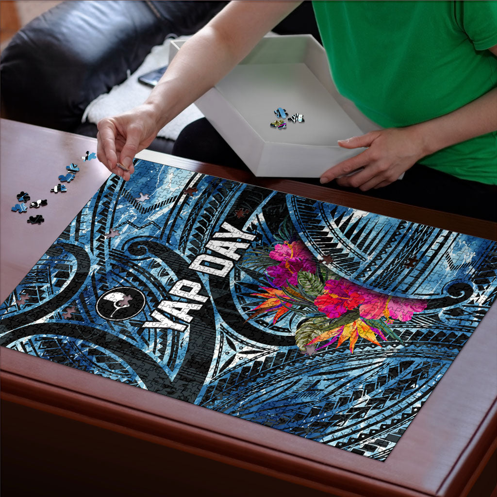 Yap Day Island Floral Tribal Heritage Puzzle Micronesian Hibiscus Pattern Polynesian Tattoo Blue Art TS04 - Polynesian Pride