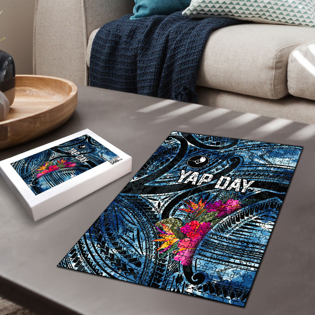 Yap Day Island Floral Tribal Heritage Puzzle Micronesian Hibiscus Pattern Polynesian Tattoo Blue Art TS04 - Polynesian Pride