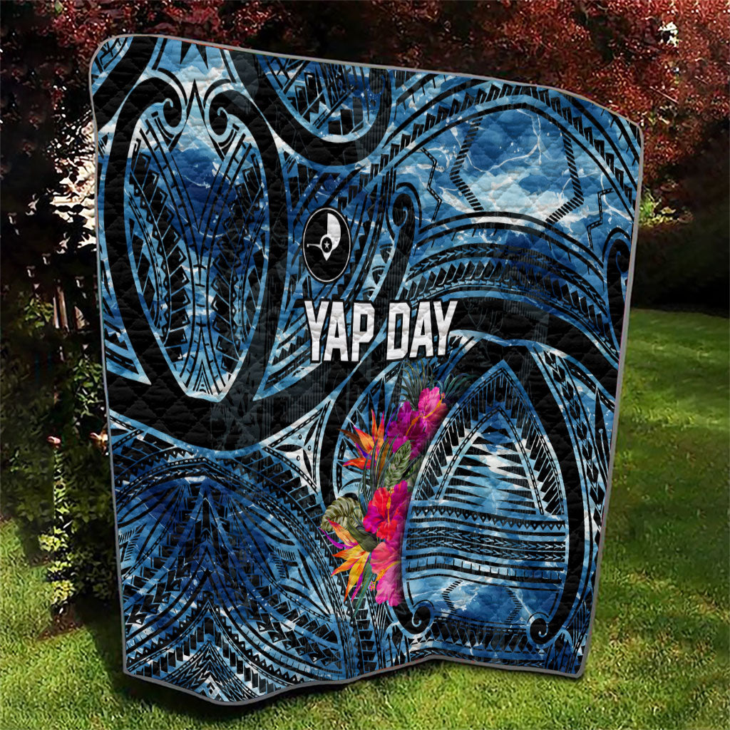 Yap Day Island Floral Tribal Heritage Quilt Micronesian Hibiscus Pattern Polynesian Tattoo Blue Art TS04 - Polynesian Pride