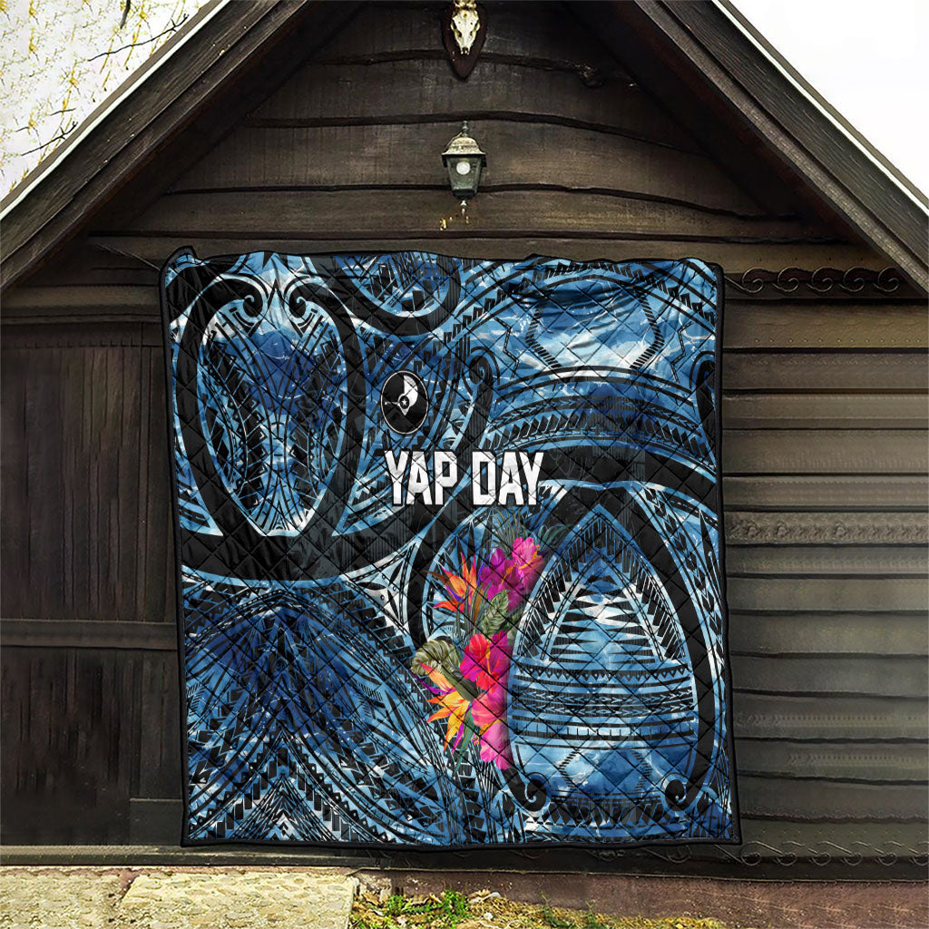 Yap Day Island Floral Tribal Heritage Quilt Micronesian Hibiscus Pattern Polynesian Tattoo Blue Art TS04 - Polynesian Pride