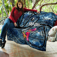 Yap Day Island Floral Tribal Heritage Quilt Micronesian Hibiscus Pattern Polynesian Tattoo Blue Art TS04 - Polynesian Pride