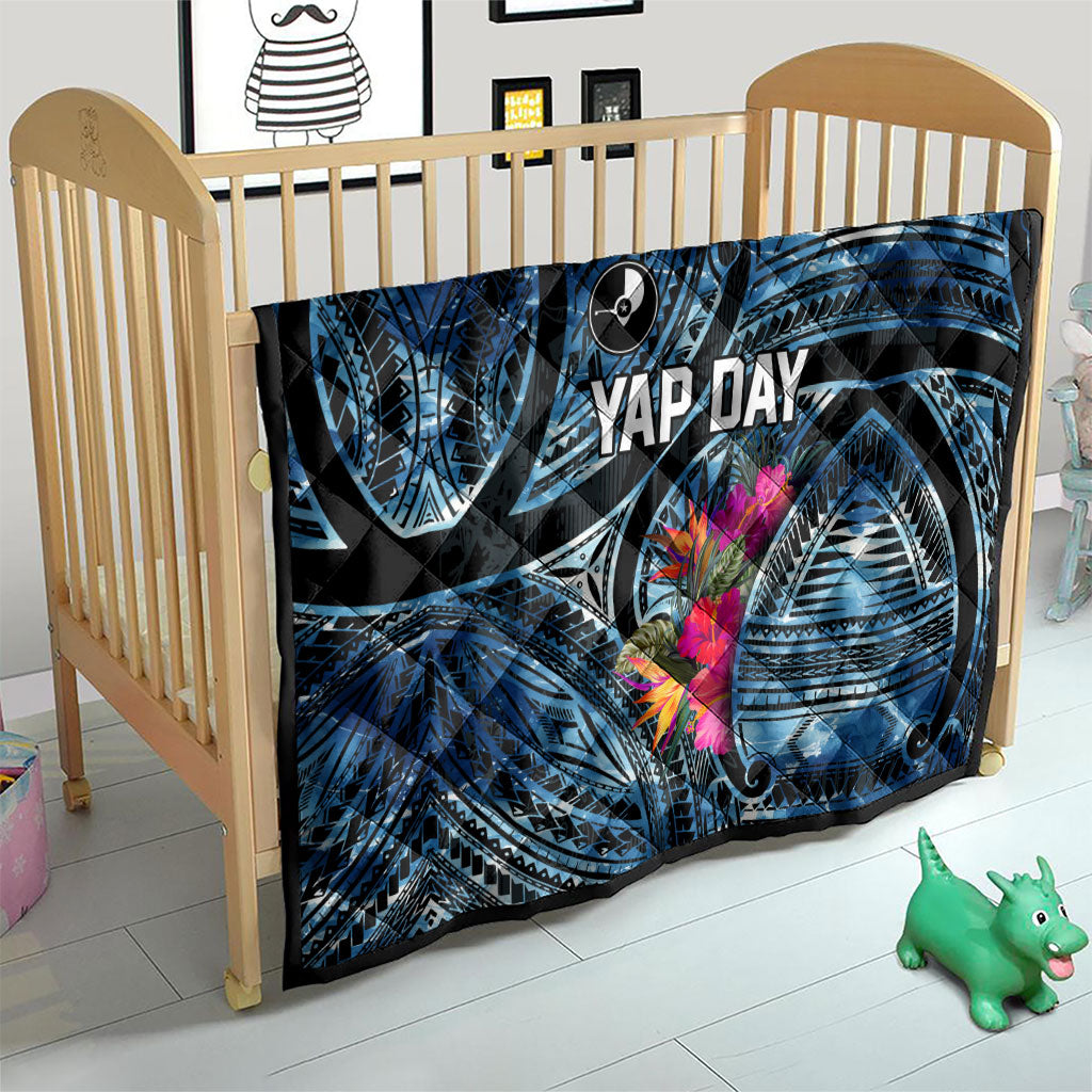 Yap Day Island Floral Tribal Heritage Quilt Micronesian Hibiscus Pattern Polynesian Tattoo Blue Art TS04 - Polynesian Pride