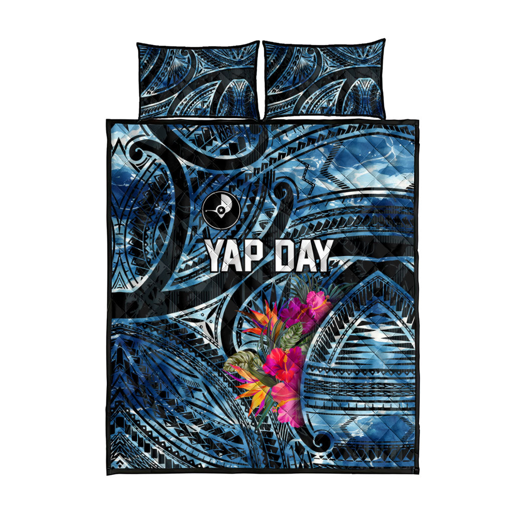 Yap Day Island Floral Tribal Heritage Quilt Bed Set Micronesian Hibiscus Pattern Polynesian Tattoo Blue Art TS04 - Polynesian Pride
