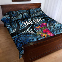 Yap Day Island Floral Tribal Heritage Quilt Bed Set Micronesian Hibiscus Pattern Polynesian Tattoo Blue Art TS04 - Polynesian Pride