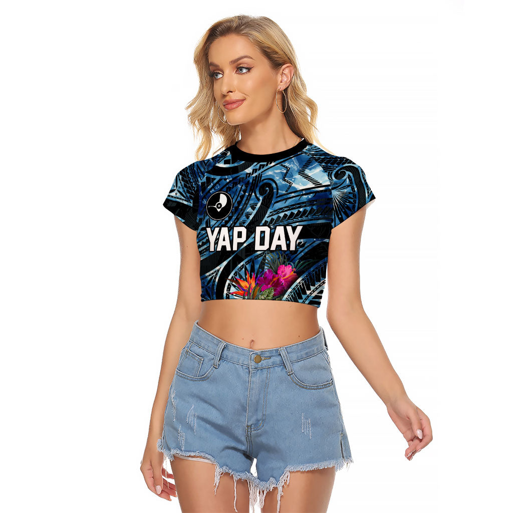 Yap Day Island Floral Tribal Heritage Raglan Cropped T Shirt Micronesian Hibiscus Pattern Polynesian Tattoo Blue Art TS04 Female Black Blue - Polynesian Pride