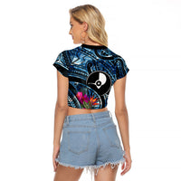 Yap Day Island Floral Tribal Heritage Raglan Cropped T Shirt Micronesian Hibiscus Pattern Polynesian Tattoo Blue Art TS04 - Polynesian Pride