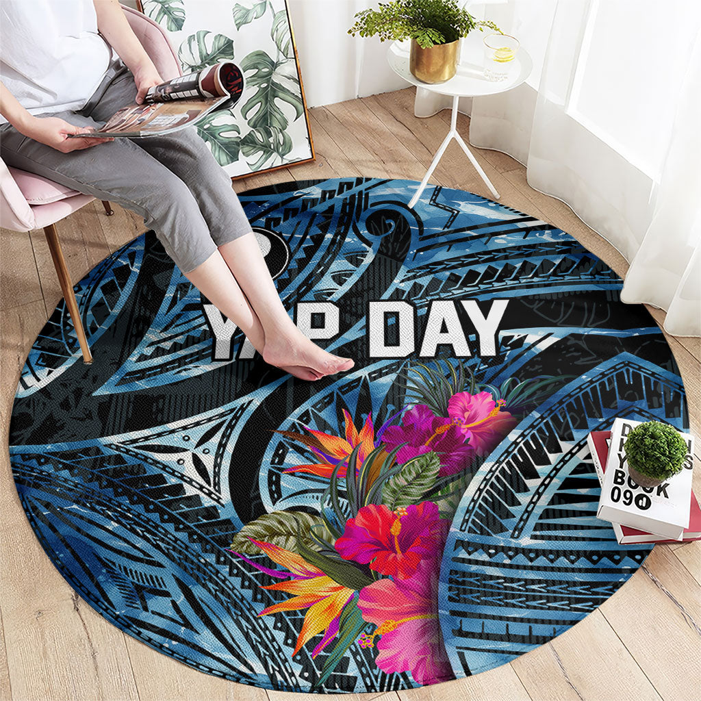 Yap Day Island Floral Tribal Heritage Round Carpet Micronesian Hibiscus Pattern Polynesian Tattoo Blue Art TS04 - Polynesian Pride