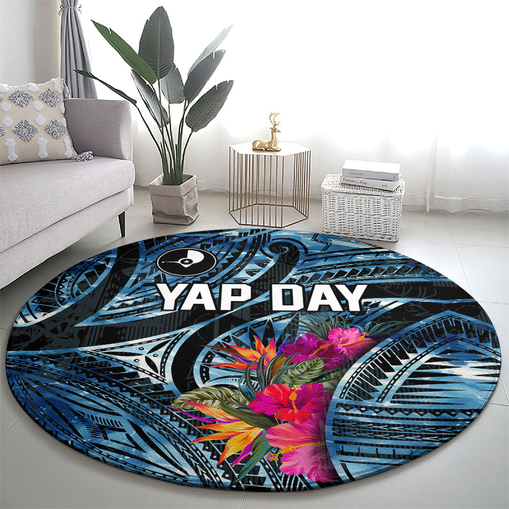 Yap Day Island Floral Tribal Heritage Round Carpet Micronesian Hibiscus Pattern Polynesian Tattoo Blue Art TS04 - Polynesian Pride