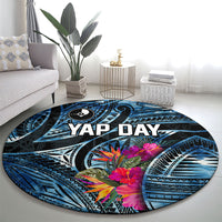 Yap Day Island Floral Tribal Heritage Round Carpet Micronesian Hibiscus Pattern Polynesian Tattoo Blue Art TS04 - Polynesian Pride