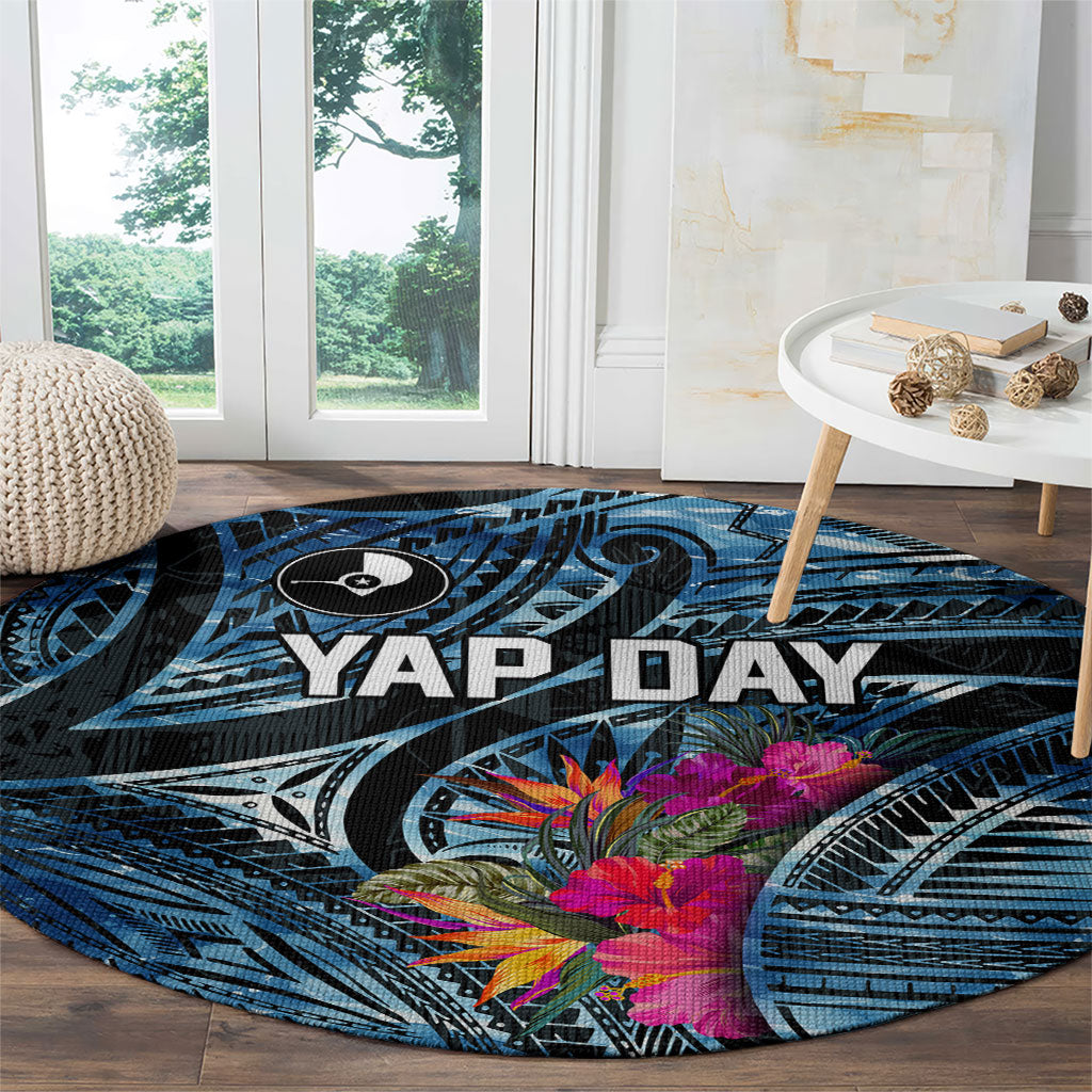 Yap Day Island Floral Tribal Heritage Round Carpet Micronesian Hibiscus Pattern Polynesian Tattoo Blue Art TS04 - Polynesian Pride