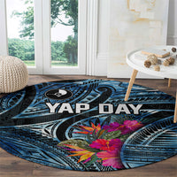 Yap Day Island Floral Tribal Heritage Round Carpet Micronesian Hibiscus Pattern Polynesian Tattoo Blue Art TS04 - Polynesian Pride