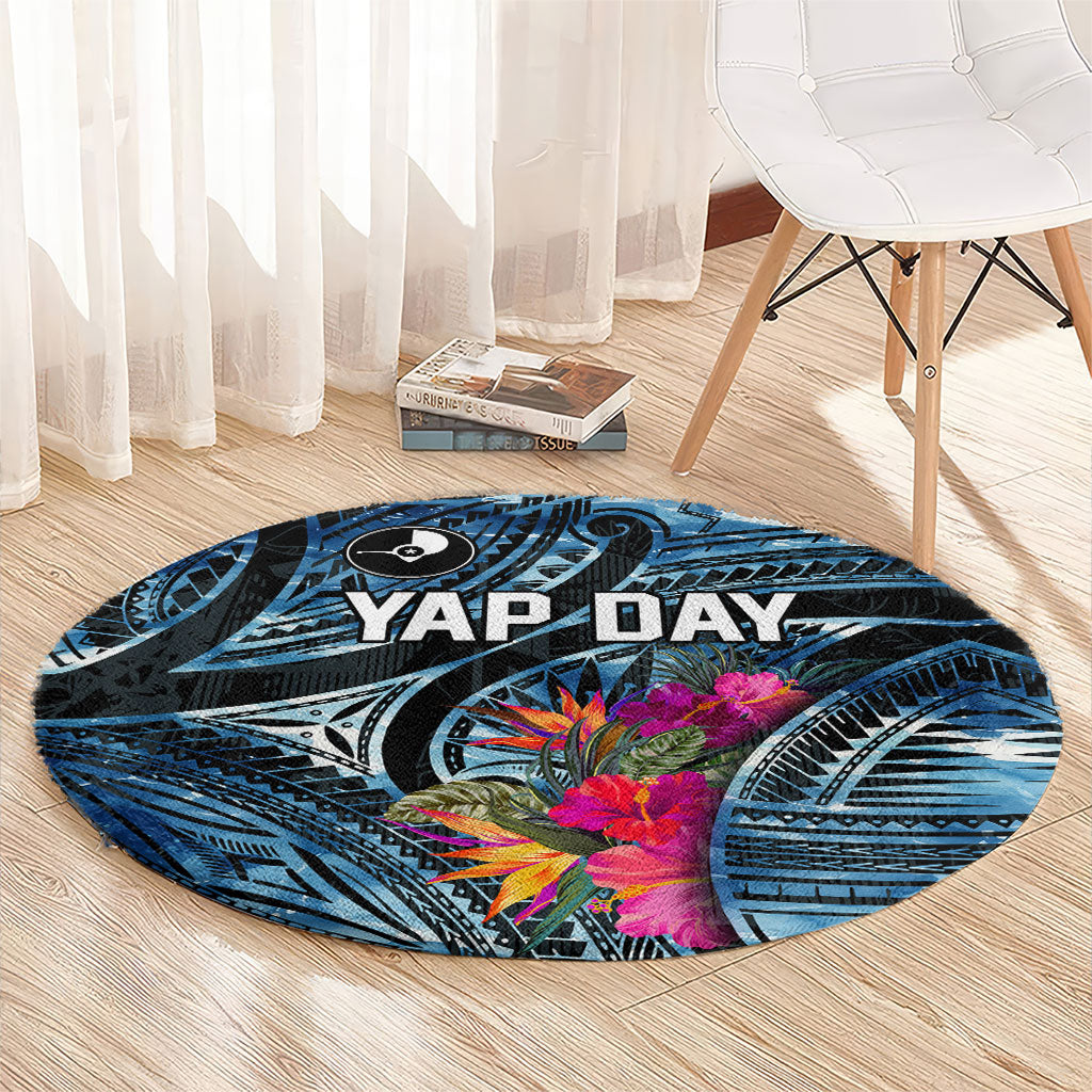 Yap Day Island Floral Tribal Heritage Round Carpet Micronesian Hibiscus Pattern Polynesian Tattoo Blue Art TS04 - Polynesian Pride
