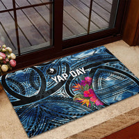 Yap Day Island Floral Tribal Heritage Rubber Doormat Micronesian Hibiscus Pattern Polynesian Tattoo Blue Art TS04 - Polynesian Pride