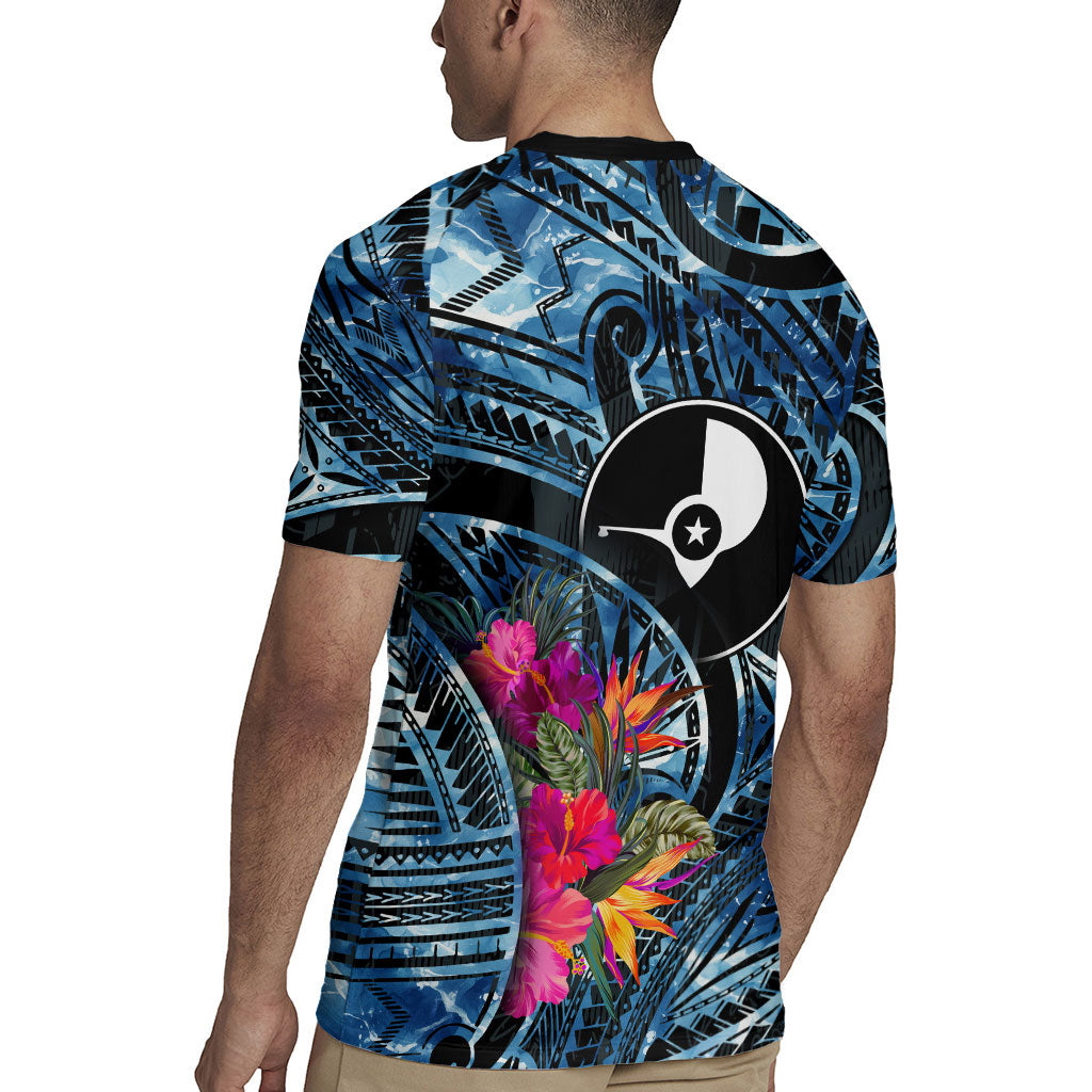 Yap Day Island Floral Tribal Heritage Rugby Jersey Micronesian Hibiscus Pattern Polynesian Tattoo Blue Art TS04 - Polynesian Pride
