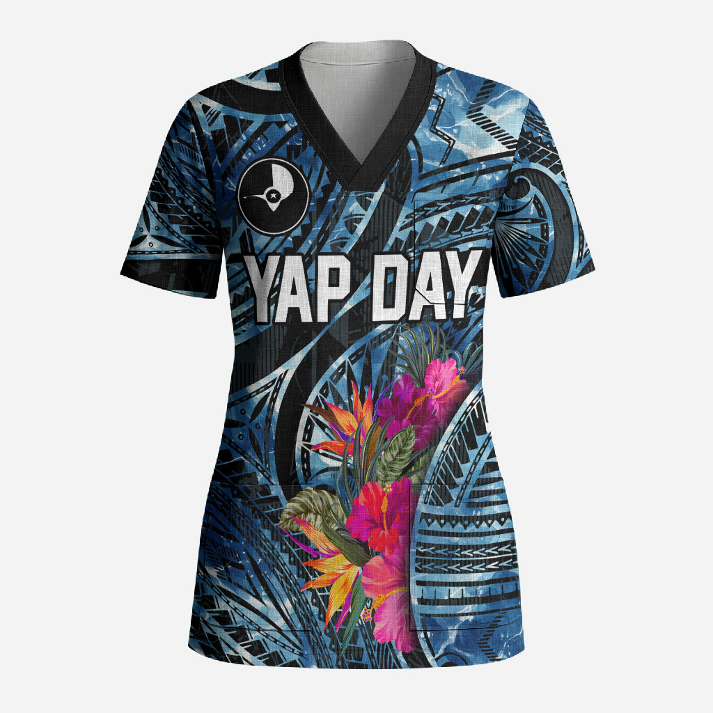 Yap Day Island Floral Tribal Heritage Scrub Top Micronesian Hibiscus Pattern Polynesian Tattoo Blue Art TS04 Adult Black Blue - Polynesian Pride