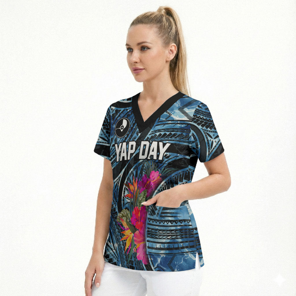 Yap Day Island Floral Tribal Heritage Scrub Top Micronesian Hibiscus Pattern Polynesian Tattoo Blue Art TS04 - Polynesian Pride