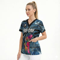 Yap Day Island Floral Tribal Heritage Scrub Top Micronesian Hibiscus Pattern Polynesian Tattoo Blue Art TS04 - Polynesian Pride