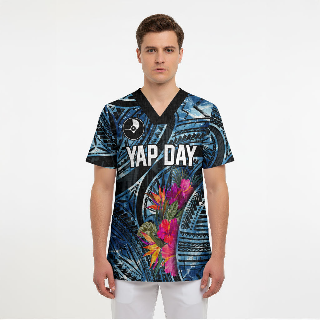 Yap Day Island Floral Tribal Heritage Scrub Top Micronesian Hibiscus Pattern Polynesian Tattoo Blue Art TS04 - Polynesian Pride