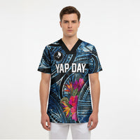 Yap Day Island Floral Tribal Heritage Scrub Top Micronesian Hibiscus Pattern Polynesian Tattoo Blue Art TS04 - Polynesian Pride