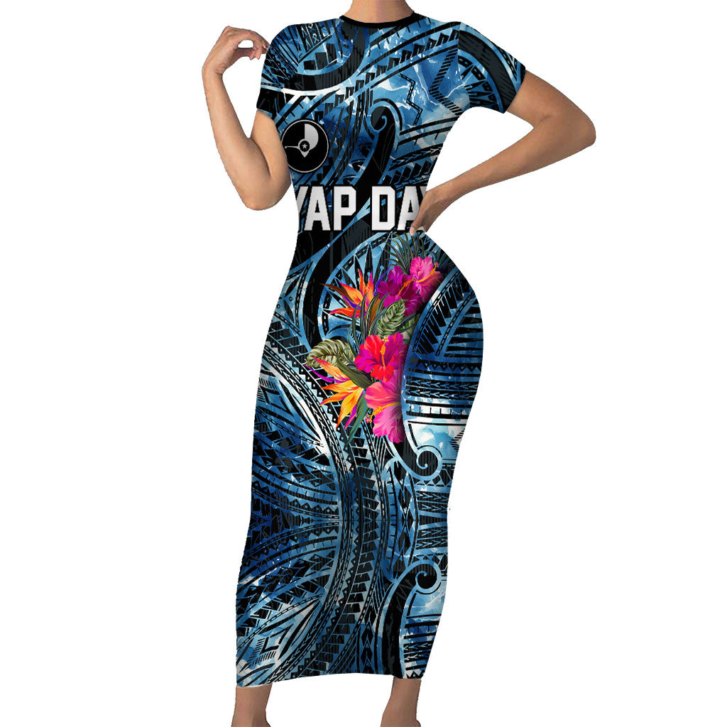 Yap Day Island Floral Tribal Heritage Short Sleeve Bodycon Dress Micronesian Hibiscus Pattern Polynesian Tattoo Blue Art TS04 Long Dress Black Blue - Polynesian Pride