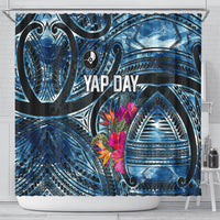 Yap Day Island Floral Tribal Heritage Shower Curtain Micronesian Hibiscus Pattern Polynesian Tattoo Blue Art TS04 - Polynesian Pride
