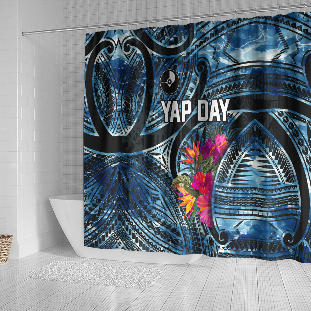 Yap Day Island Floral Tribal Heritage Shower Curtain Micronesian Hibiscus Pattern Polynesian Tattoo Blue Art TS04 - Polynesian Pride