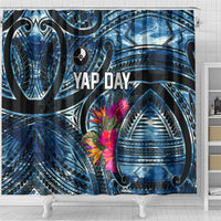 Yap Day Island Floral Tribal Heritage Shower Curtain Micronesian Hibiscus Pattern Polynesian Tattoo Blue Art TS04 - Polynesian Pride