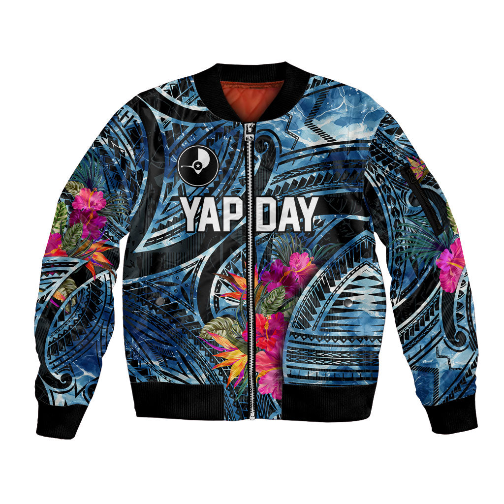 Yap Day Island Floral Tribal Heritage Sleeve Zip Bomber Jacket Micronesian Hibiscus Pattern Polynesian Tattoo Blue Art TS04 Unisex Black Blue - Polynesian Pride