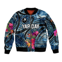 Yap Day Island Floral Tribal Heritage Sleeve Zip Bomber Jacket Micronesian Hibiscus Pattern Polynesian Tattoo Blue Art TS04 Unisex Black Blue - Polynesian Pride