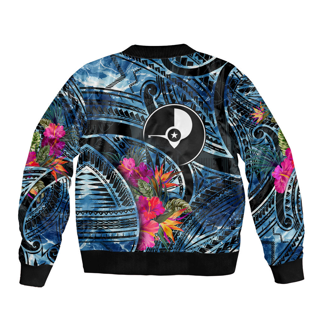 Yap Day Island Floral Tribal Heritage Sleeve Zip Bomber Jacket Micronesian Hibiscus Pattern Polynesian Tattoo Blue Art TS04 - Polynesian Pride