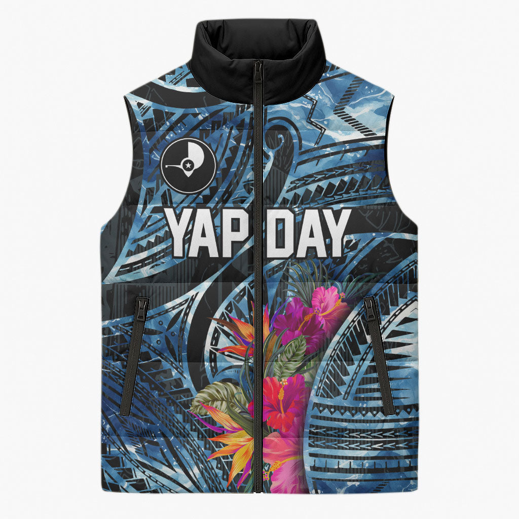 Yap Day Island Floral Tribal Heritage Sleeveless Puffer Jacket Micronesian Hibiscus Pattern Polynesian Tattoo Blue Art TS04 Unisex Black Blue - Polynesian Pride