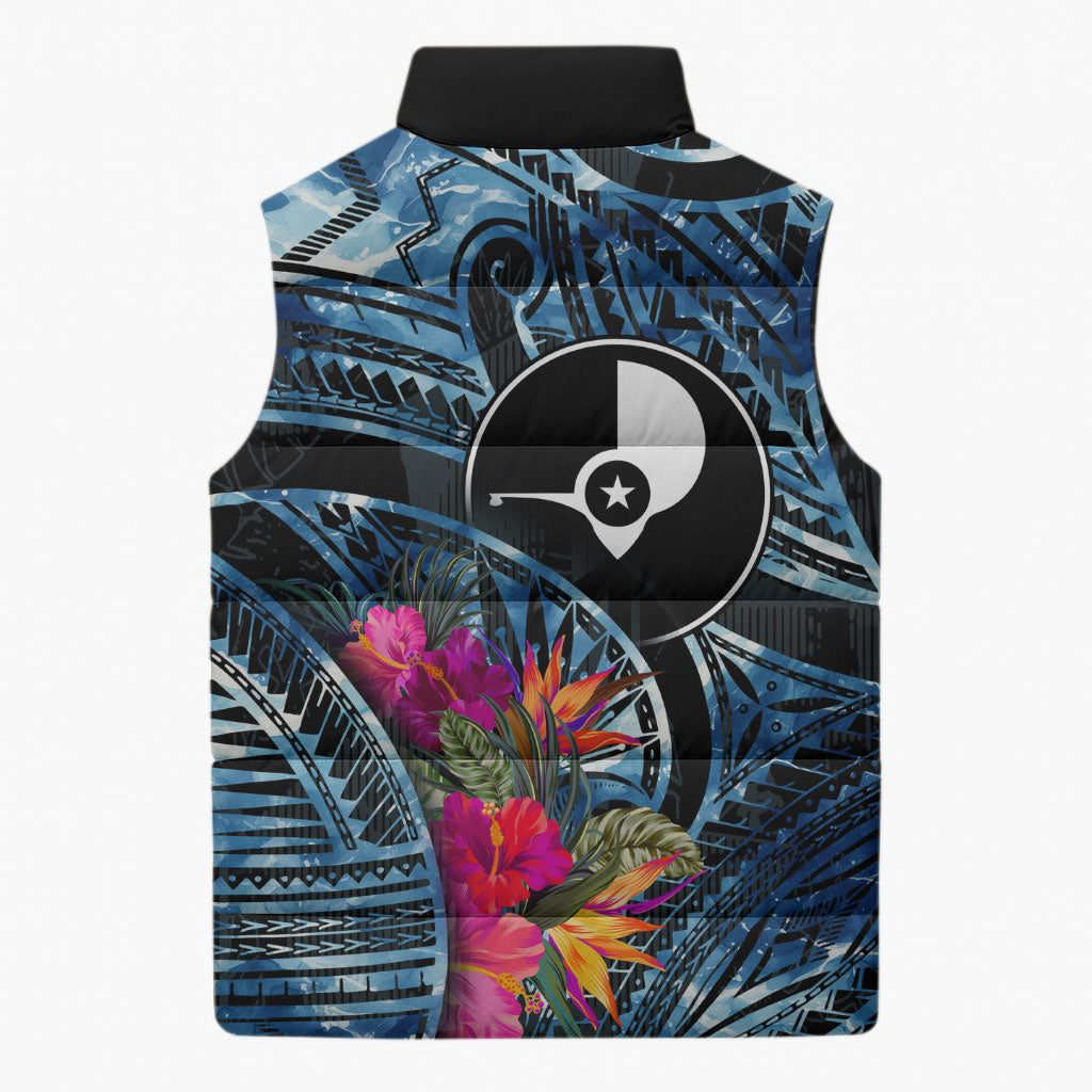 Yap Day Island Floral Tribal Heritage Sleeveless Puffer Jacket Micronesian Hibiscus Pattern Polynesian Tattoo Blue Art TS04 - Polynesian Pride