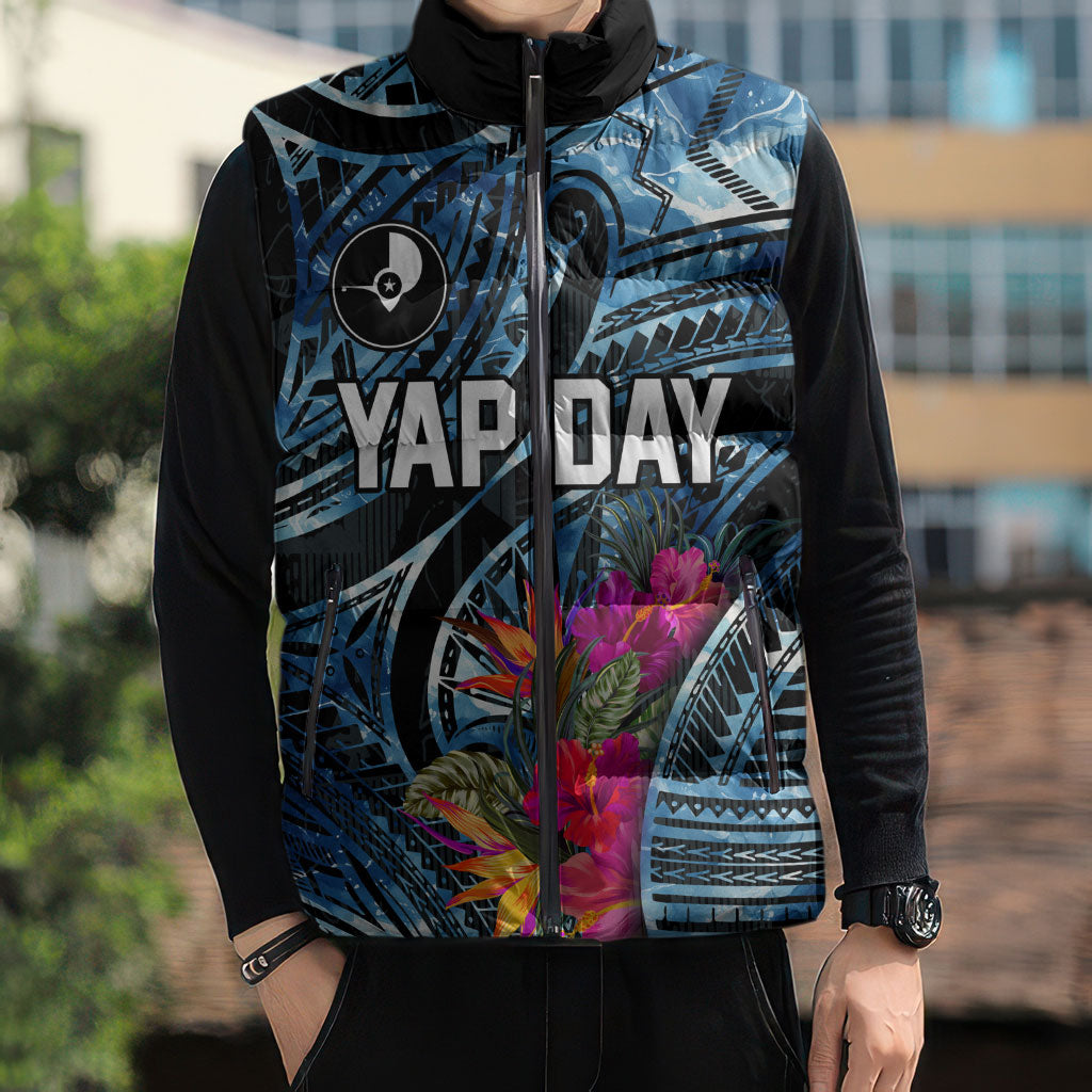 Yap Day Island Floral Tribal Heritage Sleeveless Puffer Jacket Micronesian Hibiscus Pattern Polynesian Tattoo Blue Art TS04 - Polynesian Pride