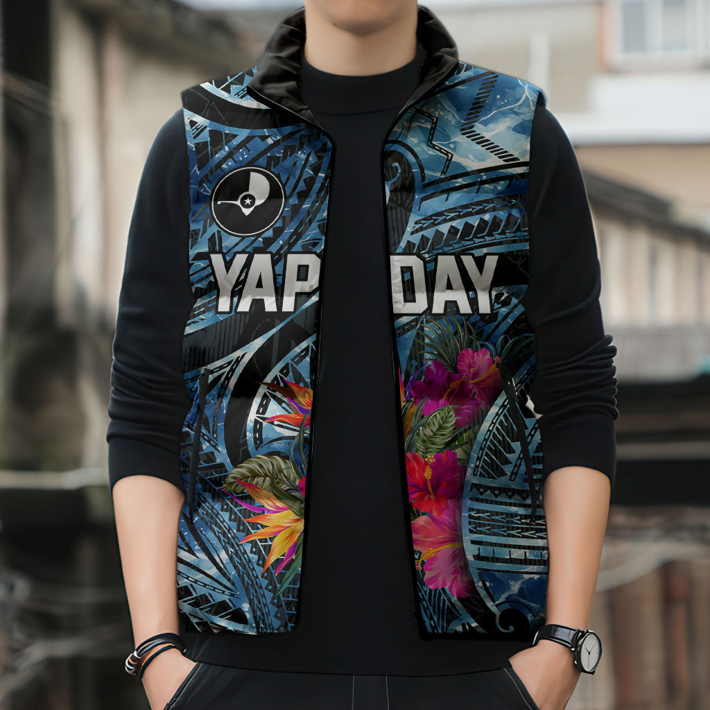 Yap Day Island Floral Tribal Heritage Sleeveless Puffer Jacket Micronesian Hibiscus Pattern Polynesian Tattoo Blue Art TS04 - Polynesian Pride