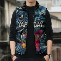 Yap Day Island Floral Tribal Heritage Sleeveless Puffer Jacket Micronesian Hibiscus Pattern Polynesian Tattoo Blue Art TS04 - Polynesian Pride